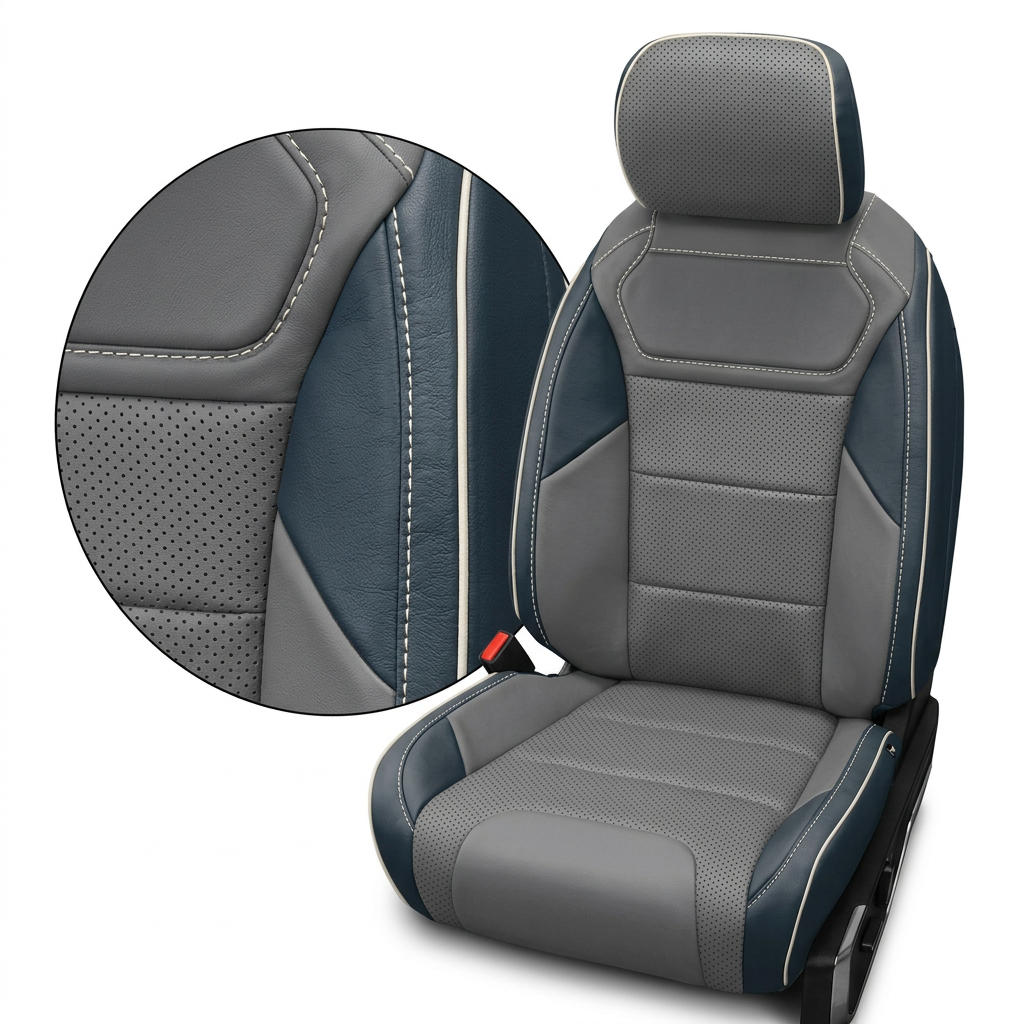 Close-up product image of a 2021–2026 Ford F-150 Raptor Leatherteck leather seat cover on a white background, featuring blue outer bolsters with Pearl White piping, Lunar Grey center inserts with perforated combination inserts, Lunar Grey accent panels, and Pearl White contrast stitching; a circular zoom inset highlights the perforation pattern, panel transition, and stitch-and-piping detail.