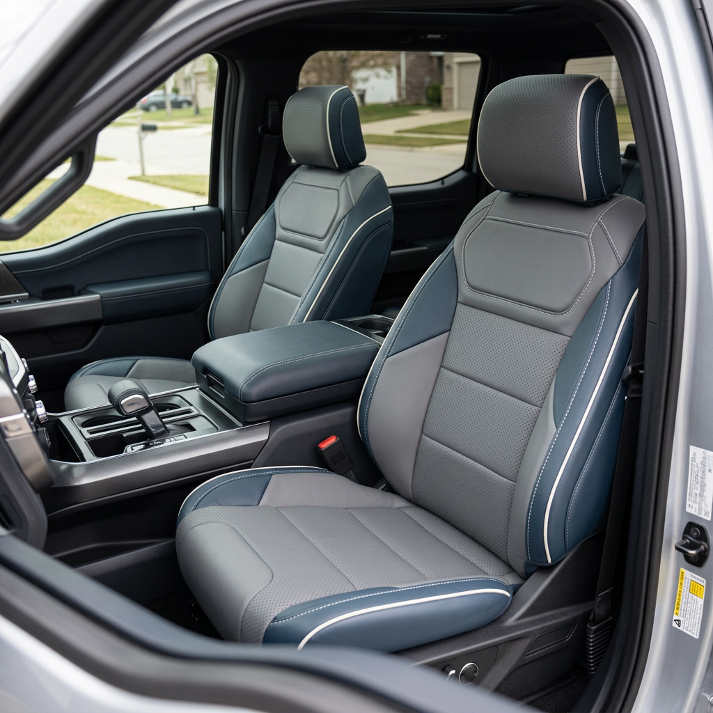 Front in-cabin view of a 2021–2026 Ford F-150 Raptor with Leatherteck seat covers installed in blue, featuring Lunar Grey perforated combination center inserts, Lunar Grey accent panels, and Pearl White contrast stitching with Pearl White piping, shown from the open driver-side door with both front bucket seats and the center console/shifter visible.