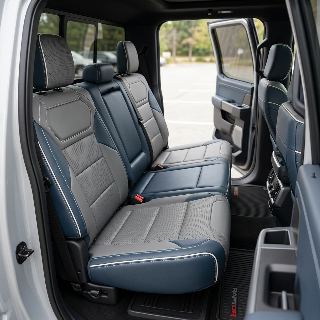 Rear in-cabin view of a 2021–2026 Ford F-150 Raptor showing Leatherteck rear bench seat covers in blue with Lunar Grey center inserts and Lunar Grey perforated combination inserts, Lunar Grey accent panels, and Pearl White contrast stitching with Pearl White piping, featuring three headrests, visible seatbelts/buckles, the rear climate vents behind the center console, and the open rear door framing the interior.