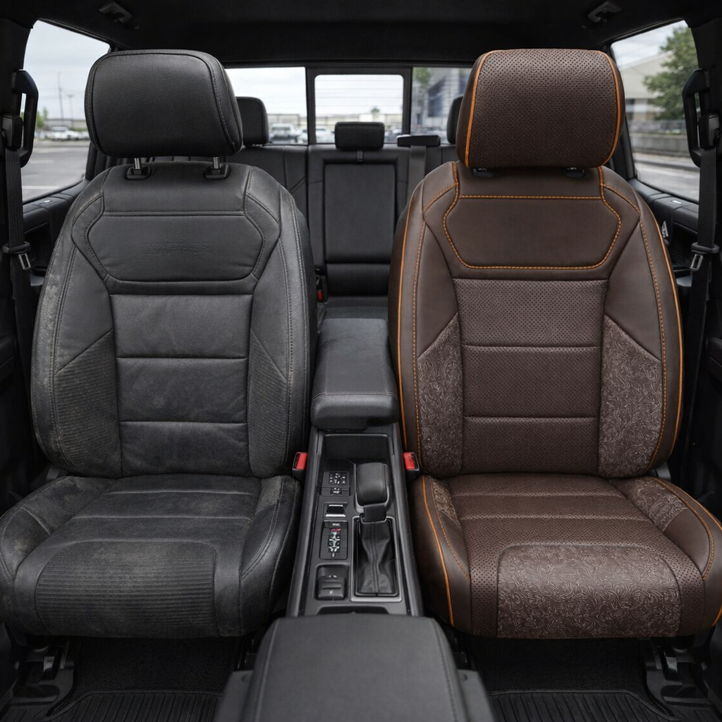 Before-and-after front in-cabin view of a 2021–2026 Ford F-150 Raptor split down the middle: left shows the original black factory front seat, while right shows the upgraded Leatherteck seat cover in Coffee Brown with perforated combination inserts, Western Floral Brown accent panels, and orange contrast stitching with orange piping, with the center console/shifter between the seats and the rear bench visible in the background.