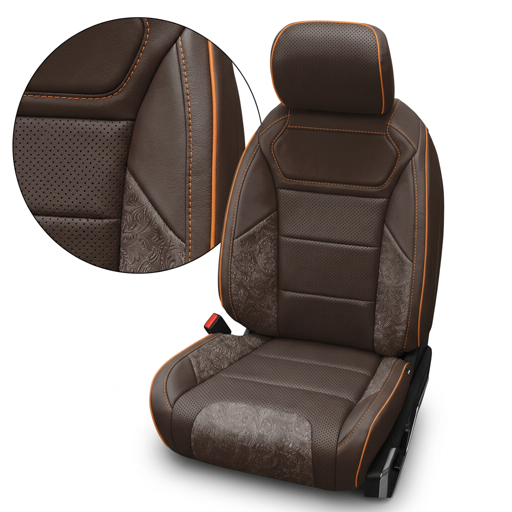 Close-up product image of a 2021–2026 Ford F-150 Raptor Leatherteck leather seat cover on a white background, featuring Coffee Brown leather with perforated combination center inserts, Western Floral Brown accent panels, and orange contrast stitching with orange piping; a circular zoom inset highlights the perforation pattern, floral accent texture, and stitched seam/piping detail.