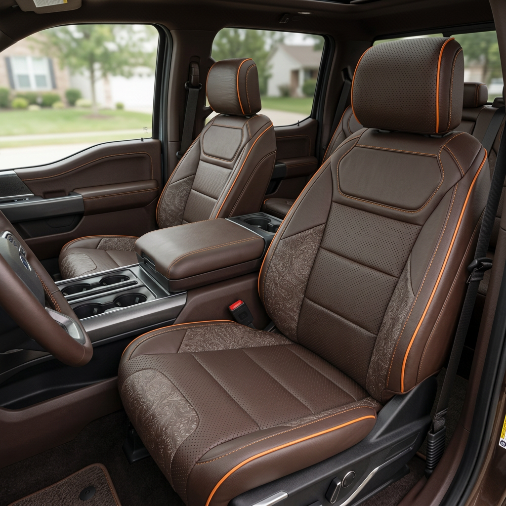 Front in-cabin view of a 2021–2026 Ford F-150 Raptor with Leatherteck seat covers installed in Coffee Brown, featuring perforated combination center inserts, Western Floral Brown accent panels, and orange contrast stitching with orange piping, shown from the driver-side angle with both front bucket seats and the center console/cupholders visible.
