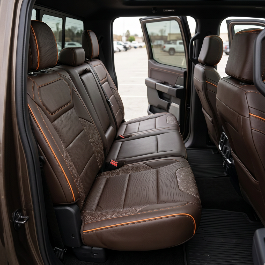 Rear in-cabin view of a 2021–2026 Ford F-150 Raptor showing Leatherteck rear bench seat covers in Coffee Brown with perforated combination inserts, Western Floral Brown accent panels, and orange contrast stitching with orange piping, featuring three seating positions, visible seatbelts/buckles, rear console air vents, and the open rear door framing the interior.