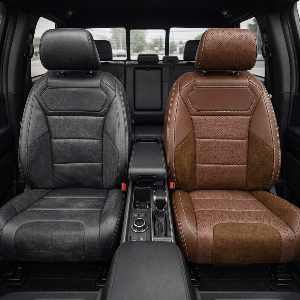 Before-and-after front in-cabin view of a 2021–2026 Ford F-150 Raptor split down the middle: left shows the original black factory front seat, while right shows the upgraded Leatherteck seat cover in Mahogany Brown with perforated combination inserts, Chocolate Brown automotive suede accent panels, and Pearl White contrast stitching, with the center console/shifter between the seats and the rear bench visible in the background.