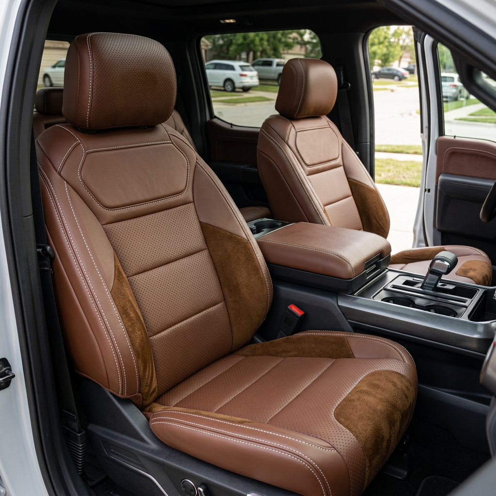 Front in-cabin view of a 2021–2026 Ford F-150 Raptor with Leatherteck seat covers installed in Mahogany Brown, featuring perforated combination center inserts, Chocolate Brown automotive suede accent panels on the bolsters and seat base, and Pearl White contrast stitching, shown from the open front door with both front bucket seats and the center console/shifter visible.