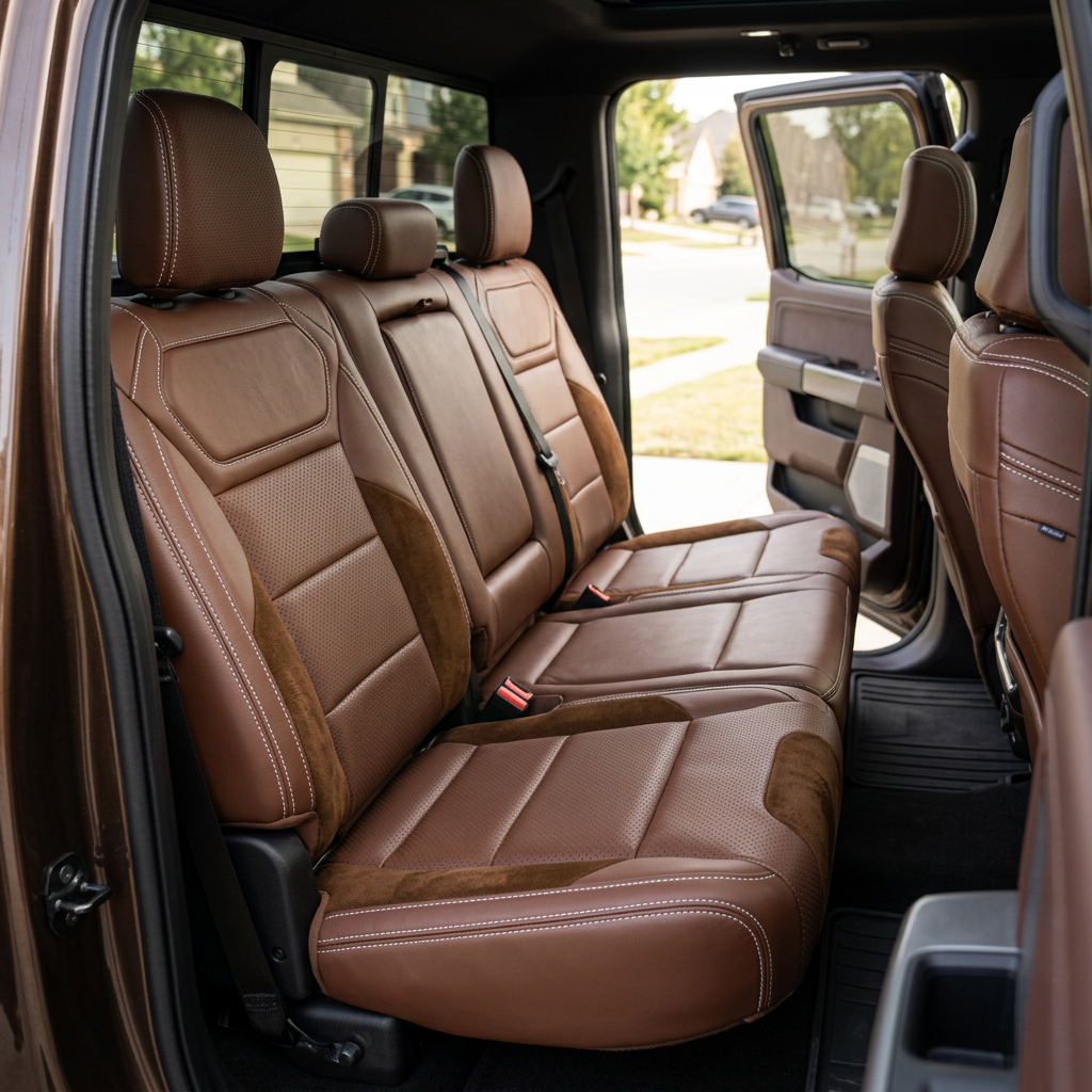 Rear in-cabin view of a 2021–2026 Ford F-150 Raptor showing Leatherteck rear bench seat covers in Mahogany Brown with perforated combination inserts, Chocolate Brown automotive suede accent panels, and Pearl White contrast stitching, featuring three rear seating positions, visible seatbelts/buckles, and the open rear door with the door panel and outside neighborhood visible.