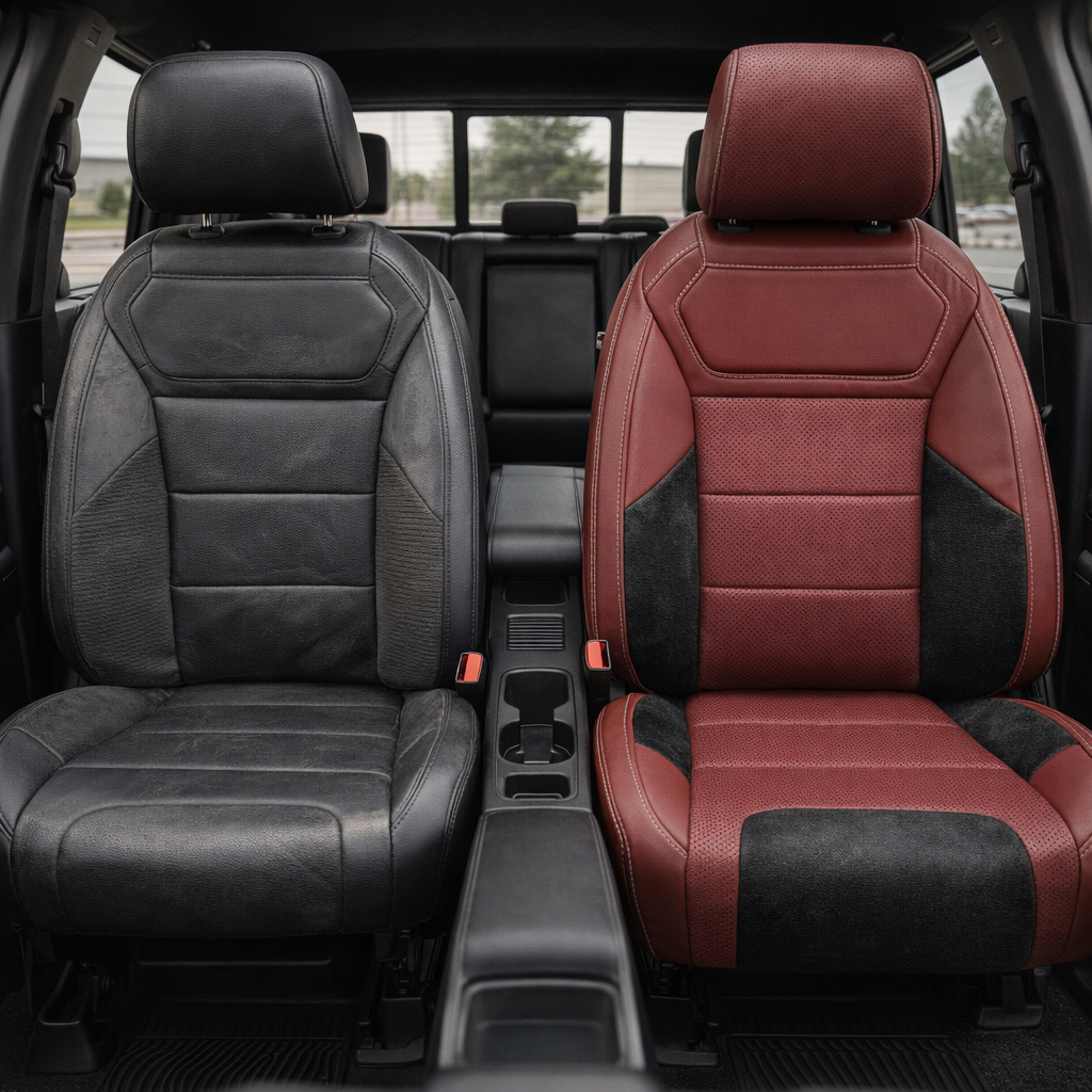 Before-and-after front in-cabin view of a 2021–2026 Ford F-150 Raptor split down the middle: left shows the original black factory front seat, while right shows the upgraded Leatherteck seat cover in Medium Red with perforated combination inserts, black automotive suede accent panels, and silver contrast stitching, with the center console/cupholders between the seats and the rear bench visible in the background.