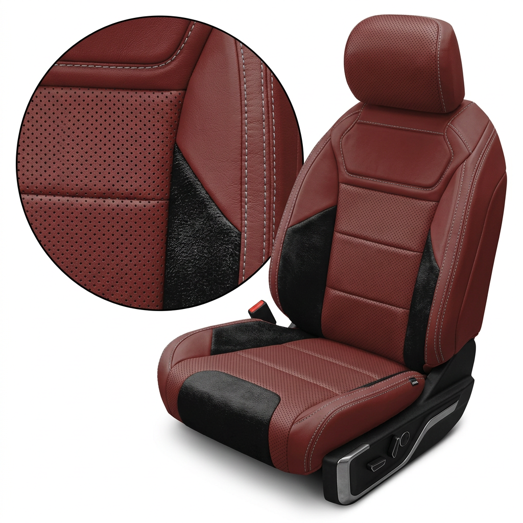 Close-up product image of a 2021–2026 Ford F-150 Raptor Leatherteck leather seat cover on a white background, featuring Medium Red main panels with perforated combination center inserts, black automotive suede accent panels, and silver contrast stitching; a circular zoom inset highlights the perforation pattern, suede texture, and silver-stitched seam detail.