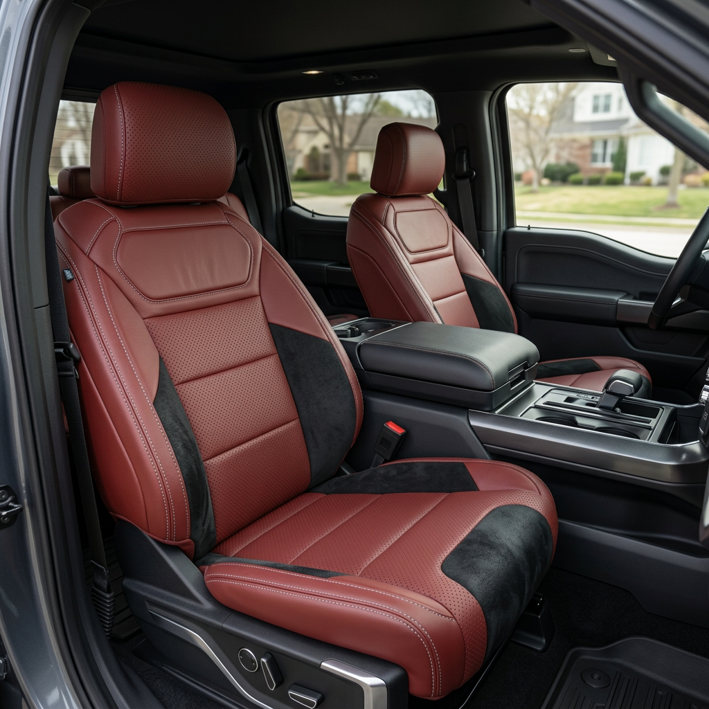 Front in-cabin view of a 2021–2026 Ford F-150 Raptor with Leatherteck seat covers installed in Medium Red, featuring perforated combination center inserts, black automotive suede accent panels on the bolsters and cushion edges, and silver contrast stitching, shown from an angled driver-side perspective with both front bucket seats and the center console/cupholders visible.