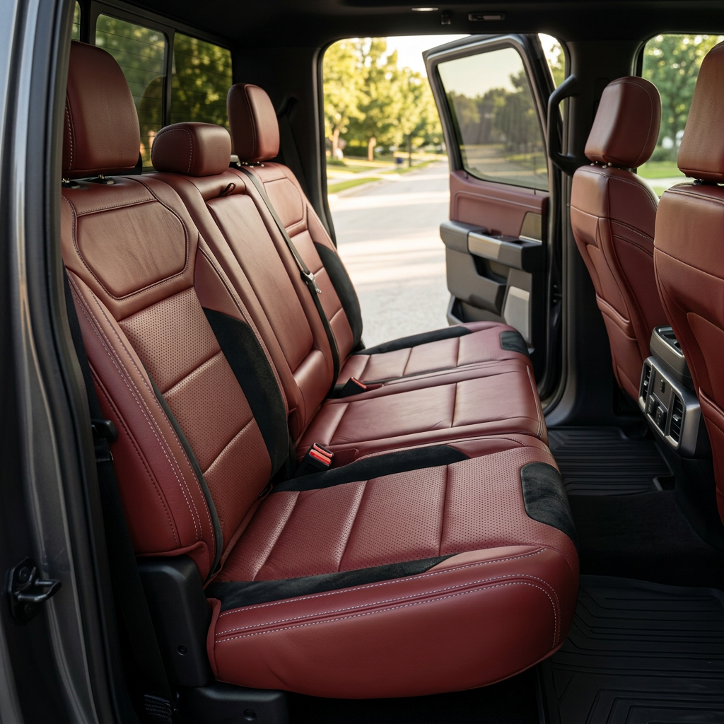 Rear in-cabin view of a 2021–2026 Ford F-150 Raptor showing Leatherteck rear bench seat covers in Medium Red with perforated combination center inserts, black automotive suede accent panels along the outer sections, and silver contrast stitching, featuring three headrests, visible seatbelts/buckles, and the open rear door with the door panel and outside scenery visible.