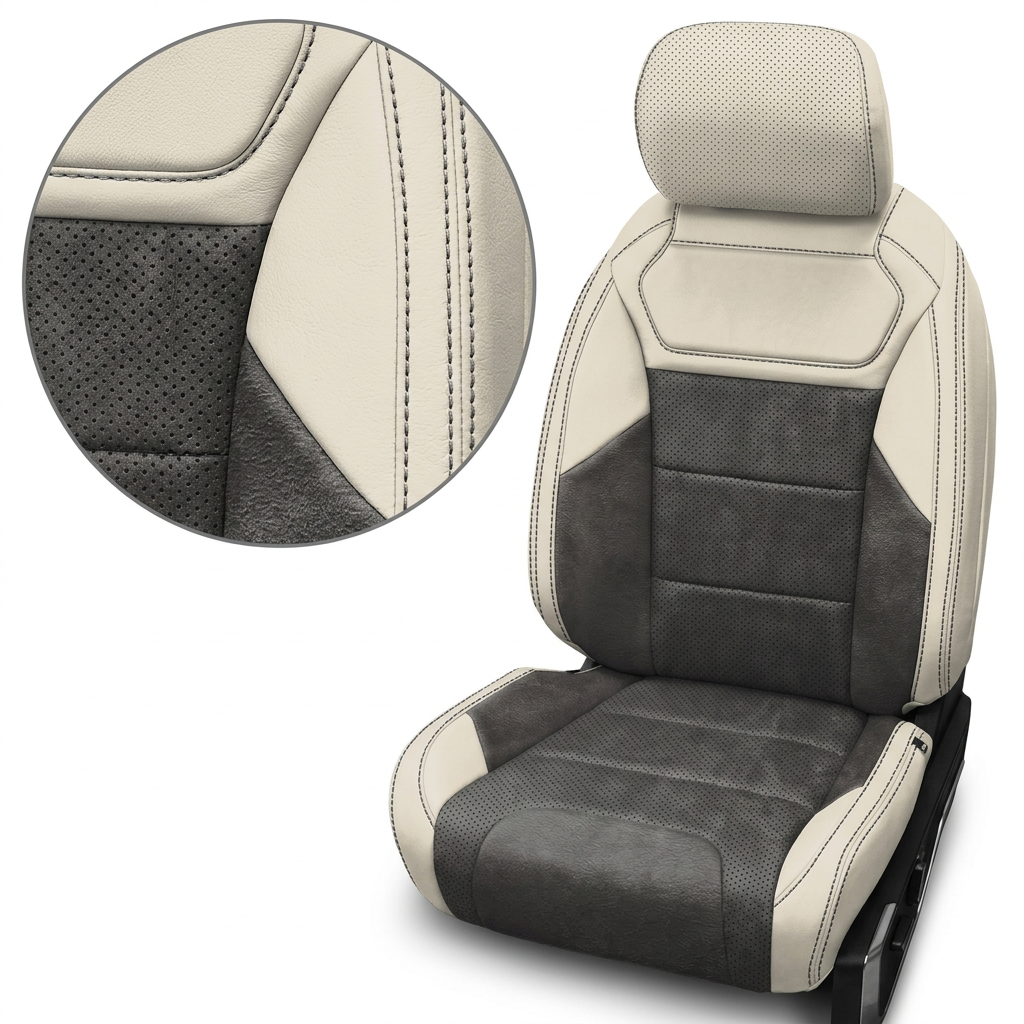 Close-up product image of a 2021–2026 Ford F-150 Raptor Leatherteck leather seat cover on a white background, featuring pearl white outer bolsters with Dark Slate Grey automotive suede perforated combination center inserts and matching suede accent panels, finished with light grey contrast stitching; a circular zoom inset highlights the perforation pattern, suede texture, and stitched seam detail.