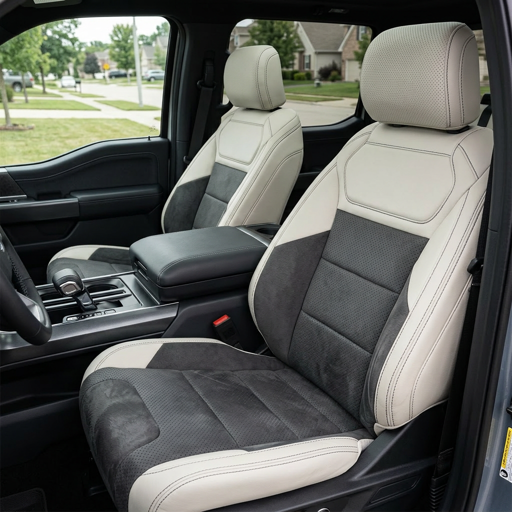 Front in-cabin view of a 2021–2026 Ford F-150 Raptor with Leatherteck seat covers installed, featuring pearl white outer bolsters, Dark Slate Grey automotive suede perforated combination center inserts, matching Dark Slate Grey suede accent panels, and light grey contrast stitching, shown from an angled driver-side perspective with both front bucket seats and the center console/shifter visible.