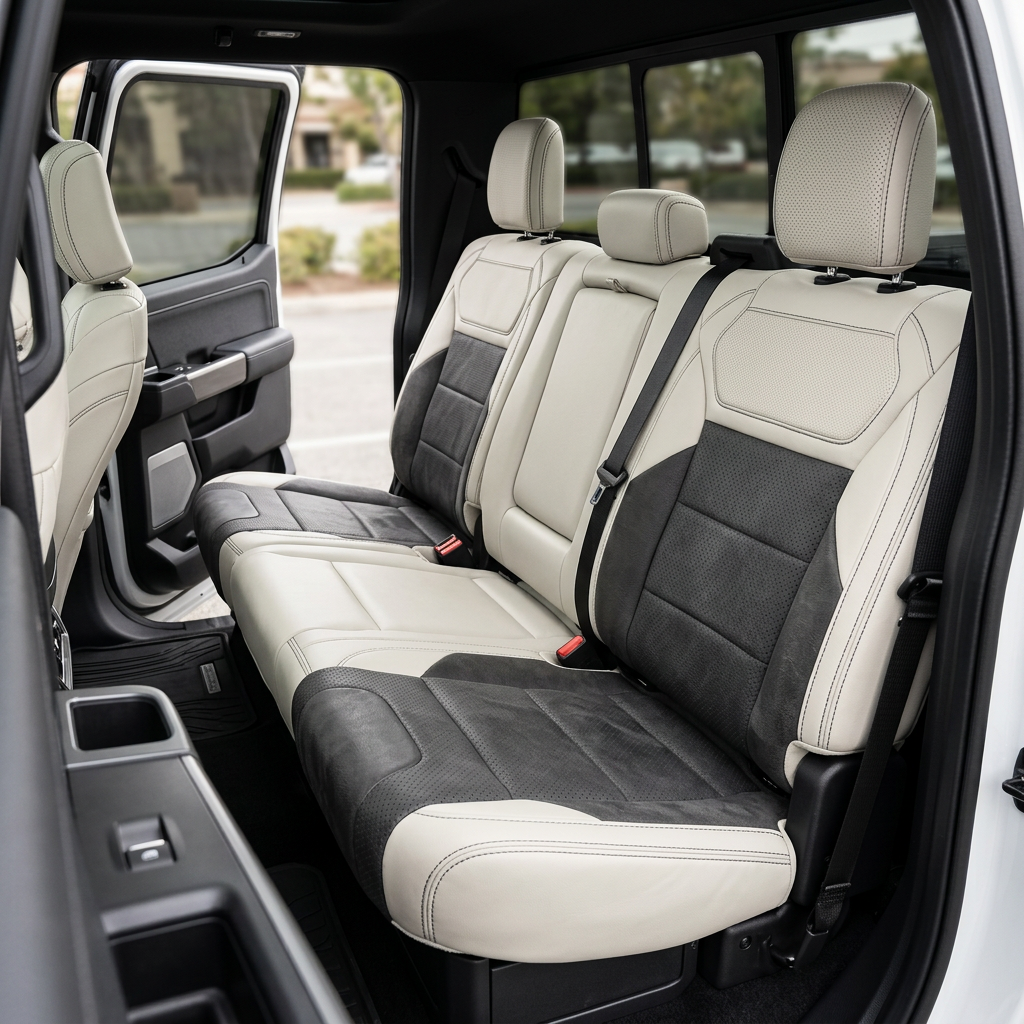 Rear in-cabin view of a 2021–2026 Ford F-150 Raptor showing Leatherteck rear bench seat covers in pearl white with Dark Slate Grey automotive suede perforated combination inserts and matching suede accent panels, finished with light grey contrast stitching, with three headrests, visible seatbelts/buckles, and the open rear door and rear window in the background.