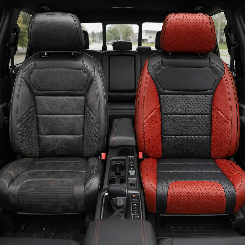 Before-and-after front in-cabin view of a 2021–2026 Ford F-150 Raptor split down the middle: left shows the original black factory front seat, while right shows the upgraded Leatherteck seat cover in red with black body inserts, perforated combination center inserts, red perforated accent panels, and black contrast stitching with black piping, with the center console/cupholders between the seats and the rear bench visible in the background.