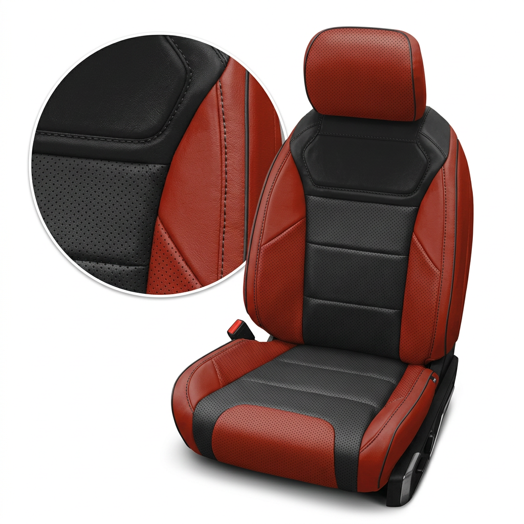 Close-up product image of a 2021–2026 Ford F-150 Raptor Leatherteck leather seat cover on a white background, featuring red bolsters with black body inserts and perforated combination center inserts, plus red perforated accent panels, finished with black contrast stitching and black piping; a circular zoom inset highlights the perforation pattern, panel transition, and black-stitched seam/piping detail.