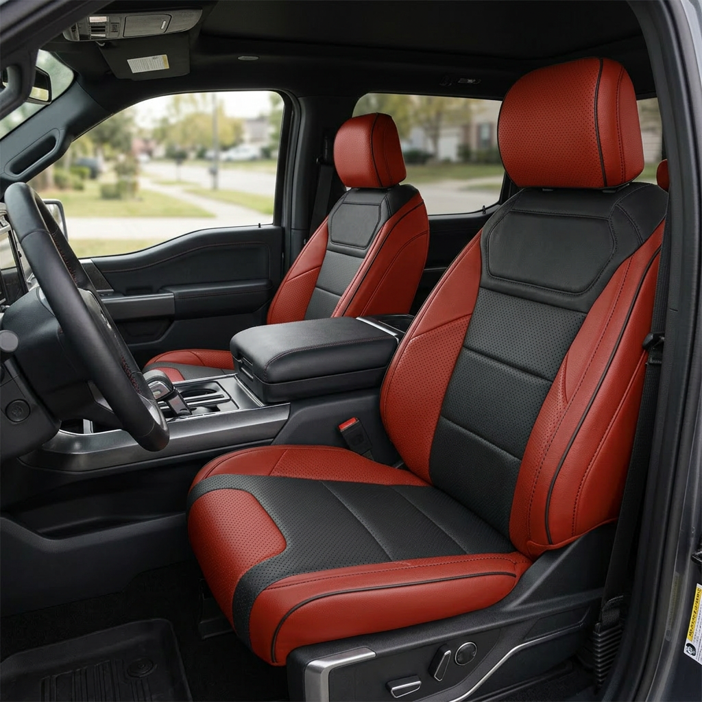 Front in-cabin view of a 2021–2026 Ford F-150 Raptor with Leatherteck seat covers installed in red with black body inserts, perforated combination center inserts, and red perforated accent panels, finished with black contrast stitching and black piping, shown from the open driver-side door with the driver and passenger bucket seats, center console/armrest, shifter, and cupholders visible.
