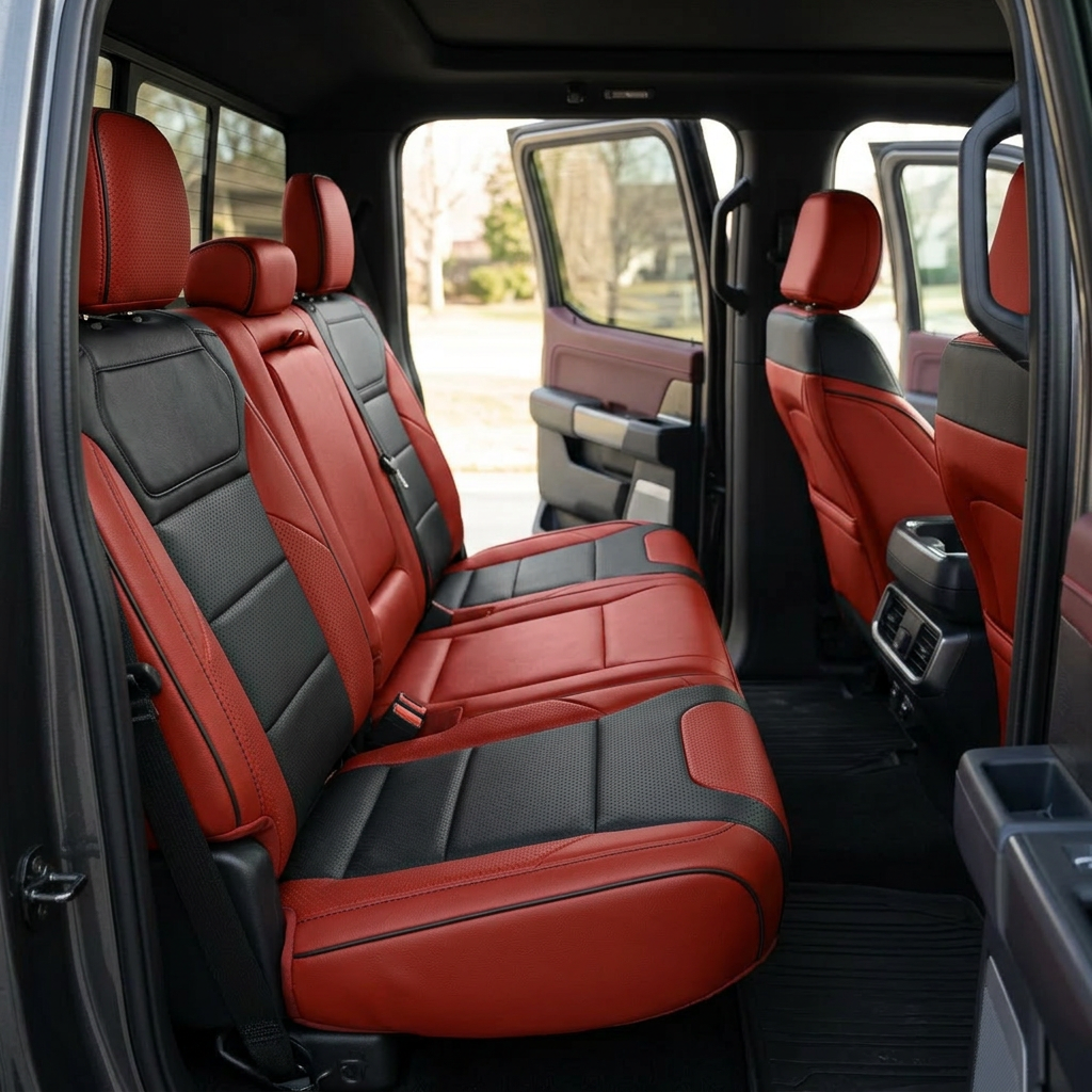 Rear in-cabin view of a 2021–2026 Ford F-150 Raptor showing Leatherteck rear bench seat covers in red with black body inserts, perforated combination center inserts, and red perforated accent panels, finished with black contrast stitching and black piping; photo taken from the open rear door with three headrests, seatbelts/buckles, and the rear console air vents visible.