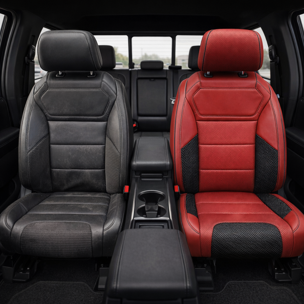 Before-and-after front in-cabin view of a 2021–2026 Ford F-150 Raptor split down the middle: left shows the original black factory front seat, while right shows the upgraded Leatherteck seat cover in red with perforated combination inserts, Carbon Shadow vinyl accent panels, and black contrast stitching with black piping, with the center console/cupholders between the seats and the rear bench visible in the background.