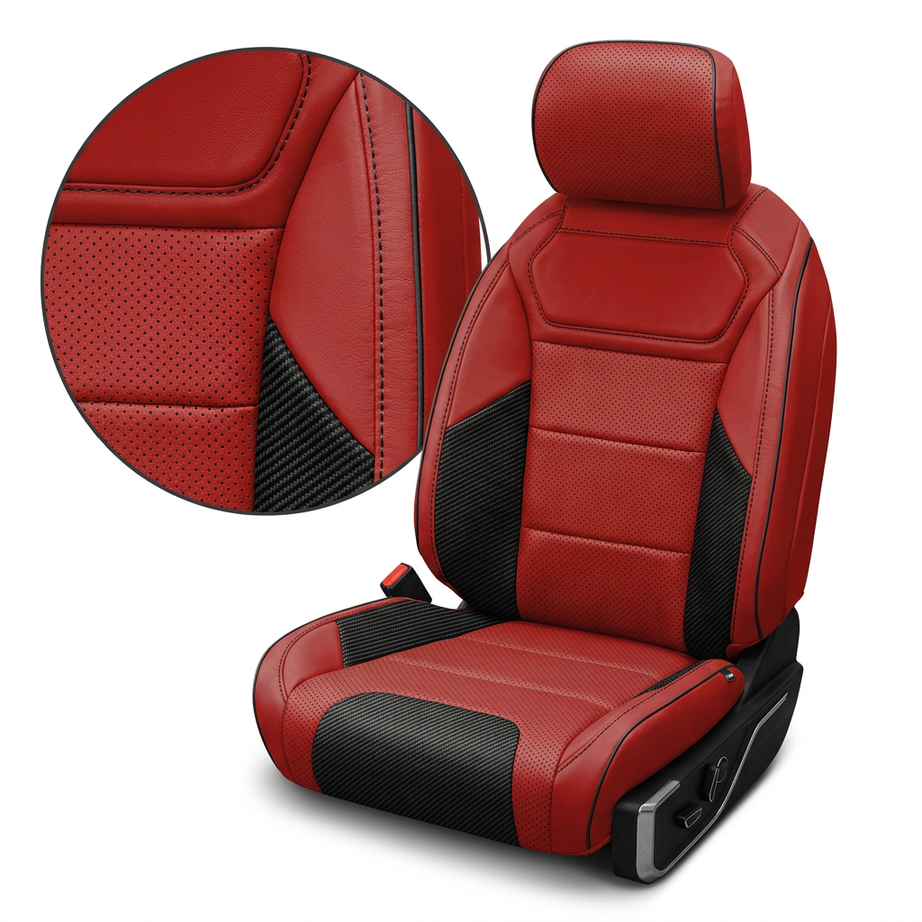 Close-up product image of a 2021–2026 Ford F-150 Raptor Leatherteck leather seat cover on a white background, featuring a red main seat color with perforated combination center inserts, Carbon Shadow vinyl accent panels, and black contrast stitching with black piping; a circular zoom inset highlights the perforation pattern, carbon-texture accent panel, and black-stitched seam/piping detail.