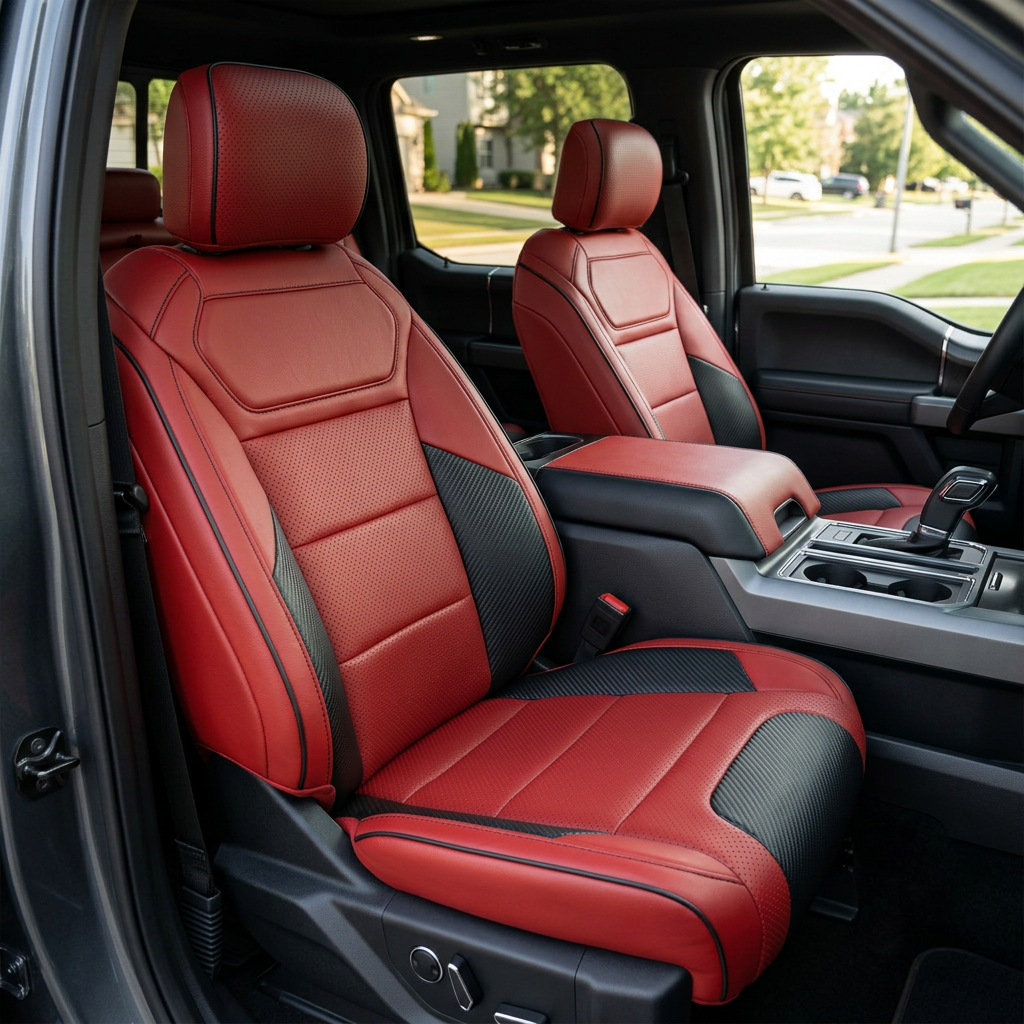 Front in-cabin view of a 2021–2026 Ford F-150 Raptor with Leatherteck seat covers installed in red, featuring perforated combination center inserts, Carbon Shadow vinyl accent panels on the bolsters, and black contrast stitching with black piping, shown from an angled driver-side perspective with both front bucket seats and the center console/shifter and cupholders visible.