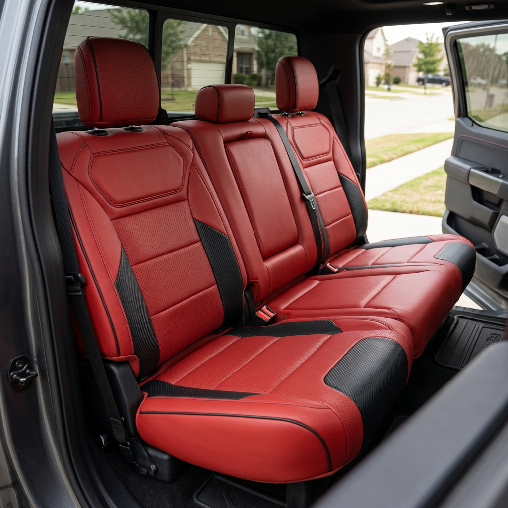 Rear in-cabin view of a 2021–2026 Ford F-150 Raptor showing Leatherteck rear bench seat covers in red with perforated combination center inserts, Carbon Shadow vinyl accent panels, and black contrast stitching with black piping, featuring three headrests, visible seatbelts/buckles, and the rear door open with the door panel and rear windows in view.