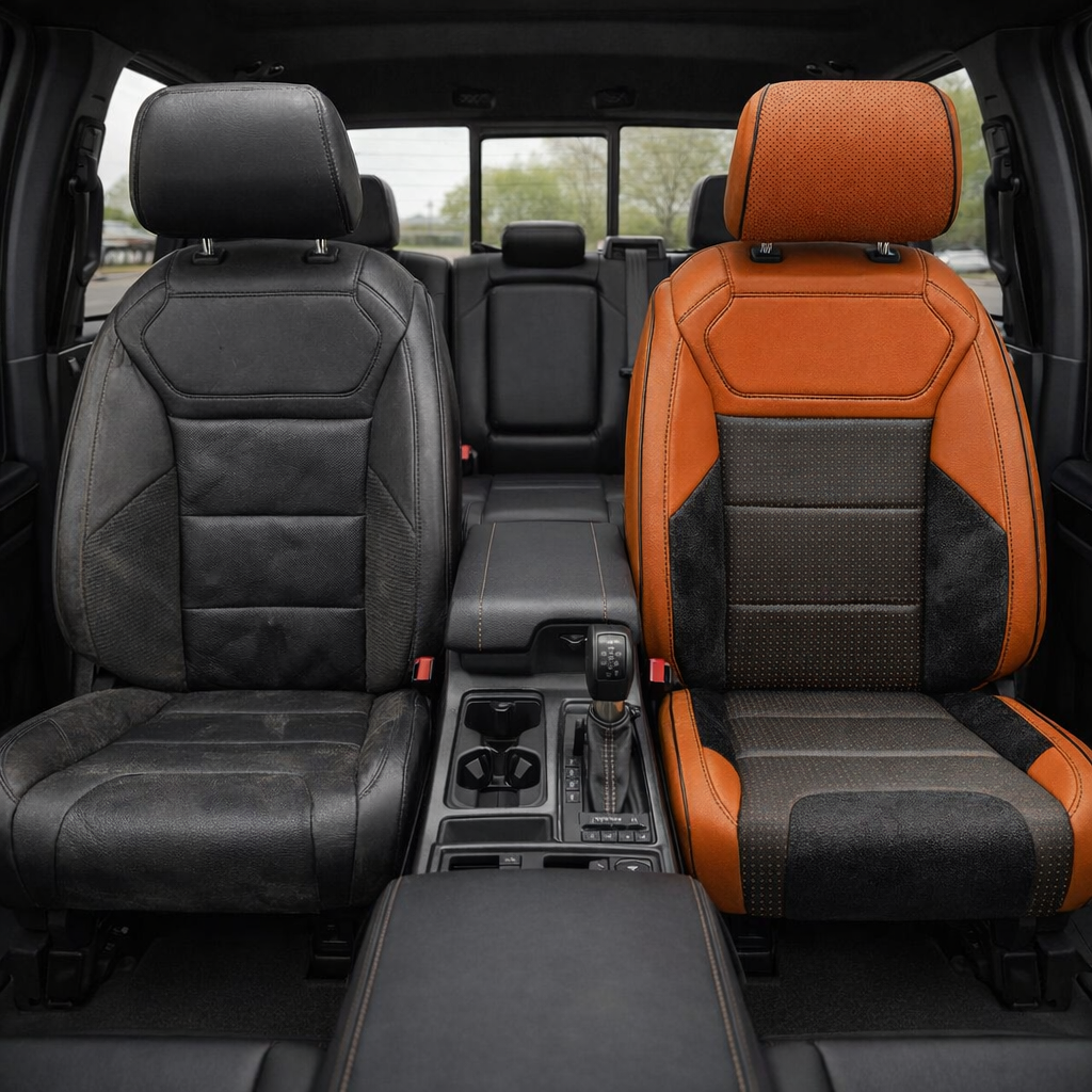 Before-and-after front in-cabin view of a 2021–2026 Ford F-150 Raptor split down the middle: left shows the original black factory front seat, while right shows the upgraded Leatherteck seat cover in tangerine orange with square-perforated orange combination center inserts, black automotive suede accent panels, and contrast stitching with piping, with the center console/cupholders and shifter between the seats and the rear bench visible in the background.