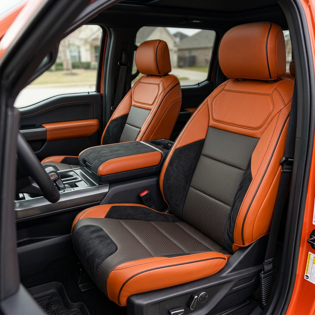 Front in-cabin view of a 2021–2026 Ford F-150 Raptor with Leatherteck seat covers installed in tangerine orange, featuring square-perforated orange combination center inserts, black automotive suede accent panels, and contrast stitching with piping, shown from the open driver-side door with both front bucket seats and the center console/armrest and shifter area visible.