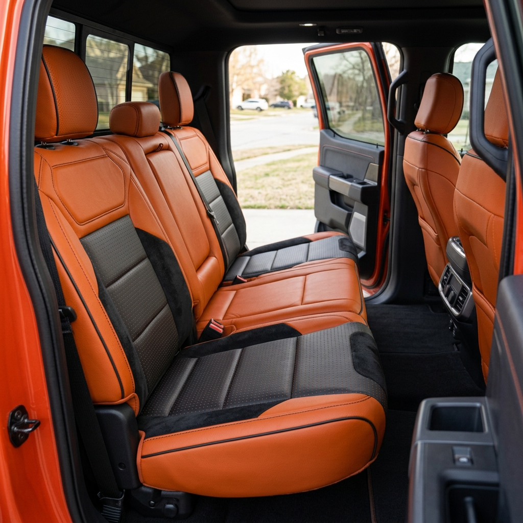 Rear in-cabin view of a 2021–2026 Ford F-150 Raptor showing Leatherteck rear bench seat covers in tangerine orange with square-perforated orange combination center inserts, black automotive suede accent panels, and contrast stitching with piping, photographed from the open rear door with three headrests, seatbelts/buckles, the rear door panel, and rear console air vents visible.
