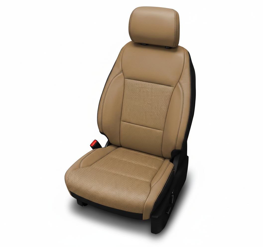 Tan leather car seat with perforated center panels on a white background.
