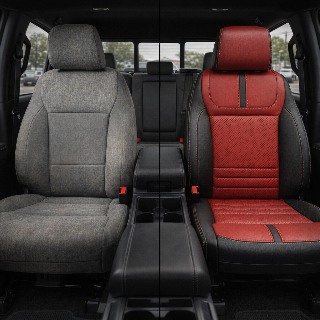 Before-and-after split front in-cabin view of a 2021–2026 Ford F-150 XLT: left shows the factory gray cloth front seat, while right shows the upgraded Leatherteck seat cover in black with red perforated center inserts, square-perforated red accent panels, and Lunar Grey contrast stitching throughout, with the center console and cupholders visible between the seats and the rear bench in the background.