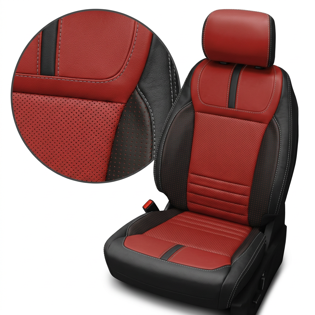 Close-up product image of a 2021–2026 Ford F-150 XLT Leatherteck seat cover on a white background, featuring black main seat panels with red perforated center inserts, square-perforated red accent panels, and Lunar Grey contrast stitching throughout; a circular zoom inset highlights the perforation pattern, leather grain texture, and stitched seam detail.
