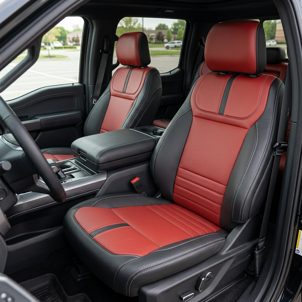 Front in-cabin view of a 2021–2026 Ford F-150 XLT with Leatherteck seat covers installed, featuring a black main seat color with red perforated center inserts, square-perforated red accent panels, and Lunar Grey contrast stitching throughout; shown from the open driver-side door with both front bucket seats and the center console/cupholders visible.