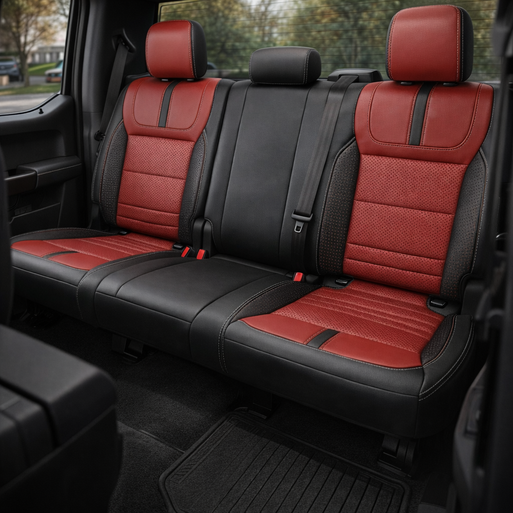 Rear in-cabin view of a 2021–2026 Ford F-150 XLT showing Leatherteck rear bench seat covers in black with red perforated center inserts, square-perforated red accent panels, and Lunar Grey contrast stitching throughout; three headrests, seatbelts, and buckles are visible with the rear window in the background.