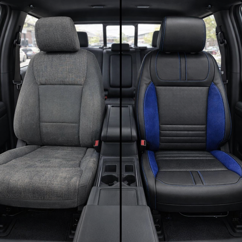 Before-and-after split front in-cabin view of a 2021–2026 Ford F-150 XLT: left shows the factory gray cloth front seat, while right shows the upgraded Leatherteck seat cover in black with perforated inserts, Sapphire Blue automotive suede perforated accent panels, and Cobalt Blue contrast stitching, with the center console and cupholders visible between the seats.