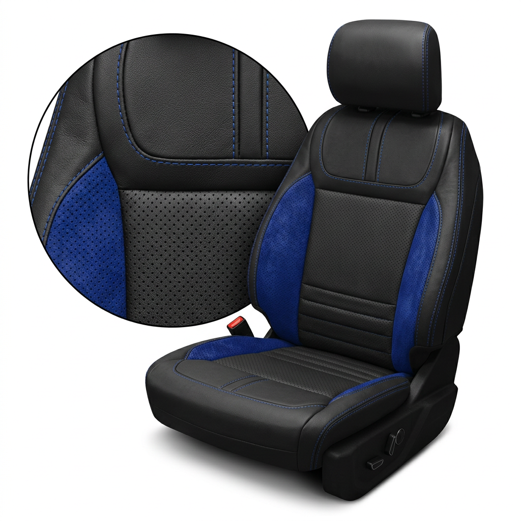 Close-up product image of a 2021–2026 Ford F-150 XLT Leatherteck seat cover on a white background, featuring black main seat panels with perforated black center inserts, Sapphire Blue automotive suede perforated accent panels on the bolsters, and Cobalt Blue contrast stitching; a circular zoom inset highlights the perforation pattern, suede texture, and stitched seam detail.