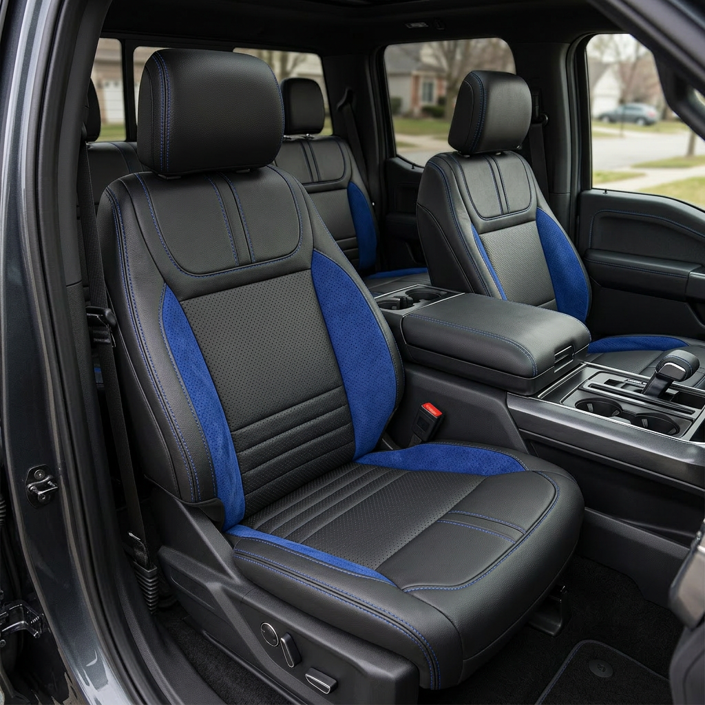 Front in-cabin view of a 2021–2026 Ford F-150 XLT with Leatherteck seat covers installed in black featuring perforated center inserts, Sapphire Blue automotive suede perforated accent panels on the bolsters, and Cobalt Blue contrast stitching throughout, shown from the open driver-side door with the center console, shifter, and cupholders visible.