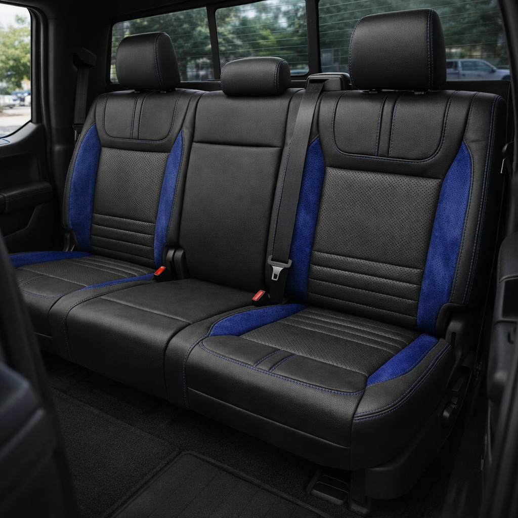 Rear in-cabin view of a 2021–2026 Ford F-150 XLT showing Leatherteck rear bench seat covers in black with perforated center inserts, Sapphire Blue perforated automotive suede accent panels on the outer sections, and Cobalt Blue contrast stitching, with three headrests, seatbelts/buckles, and the rear window and door trim visible.