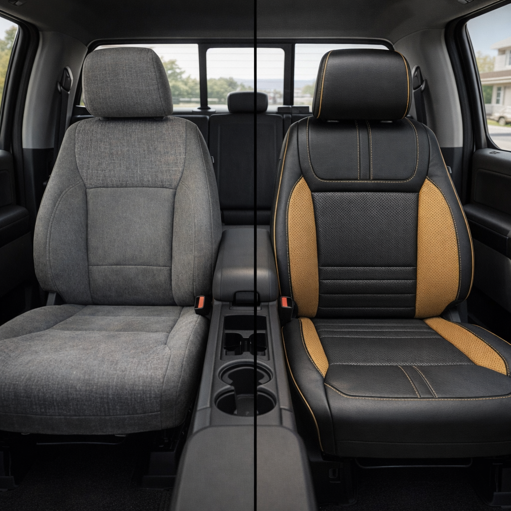 Before-and-after split front in-cabin view of a 2021–2026 Ford F-150 XLT: left shows the factory gray cloth front seat, while right shows the upgraded Leatherteck seat cover in black with perforated inserts, Tan Brown perforated accent panels, Tan Brown contrast stitching, and Tan Brown piping, with the center console and cupholders visible between the seats.