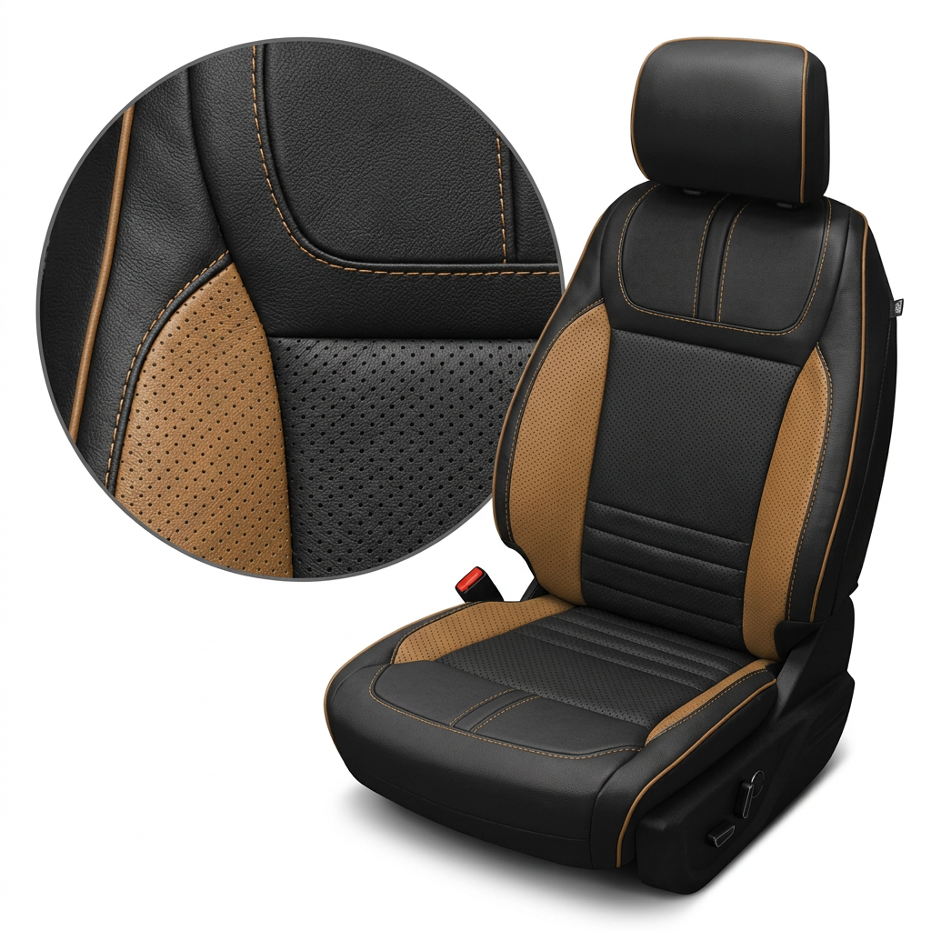 Close-up product image of a 2021–2026 Ford F-150 XLT Leatherteck seat cover on a white background, featuring a black main seat color with perforated black inserts, Tan Brown perforated accent panels, plus Tan Brown contrast stitching and Tan Brown piping; a circular zoom inset highlights the perforation pattern, panel transition, and stitched seam detail.