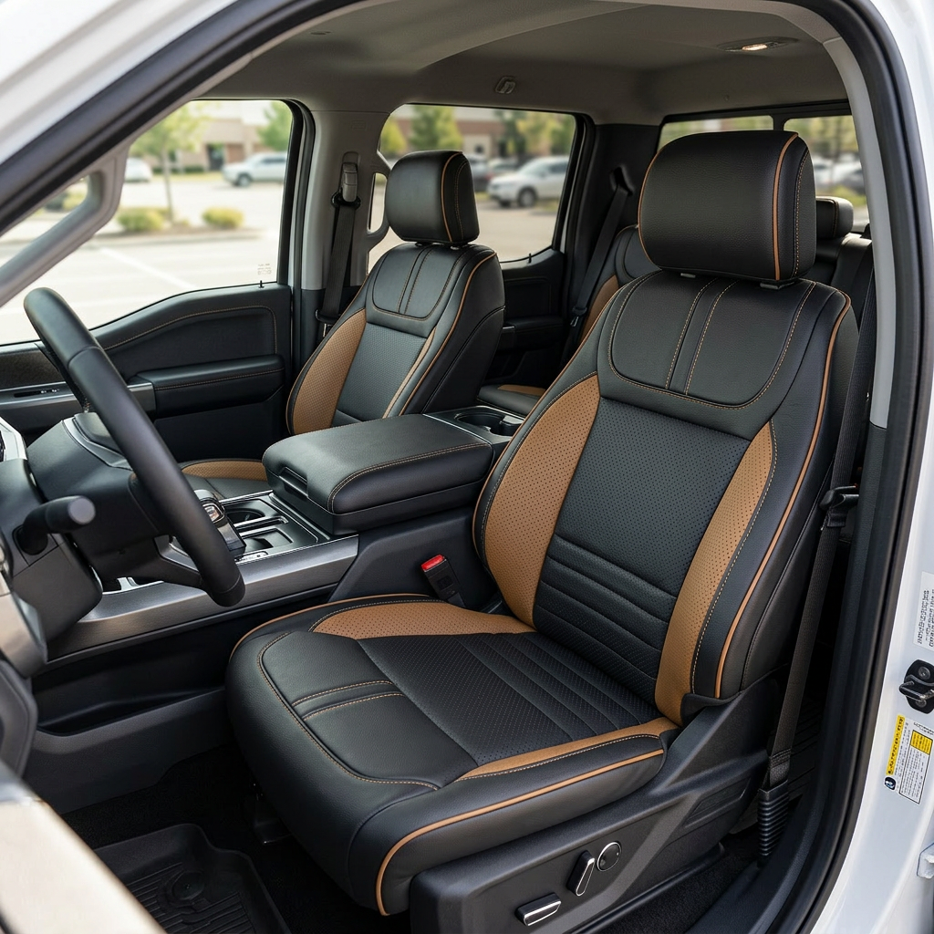 Front in-cabin view of a 2021–2026 Ford F-150 XLT with Leatherteck seat covers installed, featuring a black main seat color with perforated black inserts, Tan Brown perforated accent panels, and Tan Brown contrast stitching with Tan Brown piping; shown from the open driver-side door with both front bucket seats and the center console/cupholders visible.