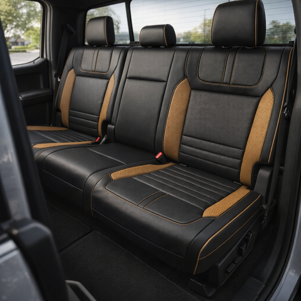 Rear in-cabin view of a 2021–2026 Ford F-150 XLT showing Leatherteck rear bench seat covers in black with perforated inserts, Tan Brown perforated accent panels, and Tan Brown contrast stitching with Tan Brown piping outlining the seams; three headrests and seatbelts/buckles are visible, photographed from the open rear door.