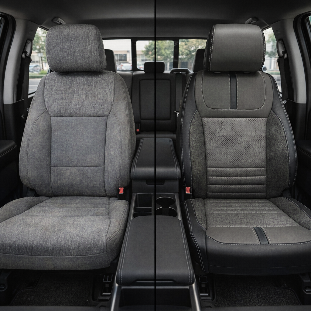 Before-and-after split front in-cabin view of a 2021–2026 Ford F-150 XLT: left shows the factory gray cloth front seat, while right shows the upgraded Leatherteck seat cover in black with Light Grey perforated center inserts, Dark Slate perforated automotive suede accent panels, and Lunar Grey contrast stitching, with the center console and cupholders visible between the seats.