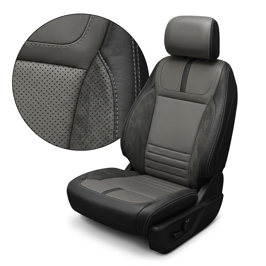 Close-up product image of a 2021–2026 Ford F-150 XLT Leatherteck seat cover on a white background, featuring black outer bolsters, Light Grey perforated center inserts, Dark Slate perforated automotive suede accent panels, and Lunar Grey contrast stitching; a circular zoom inset highlights the perforation pattern, suede texture, and stitched seam detail.