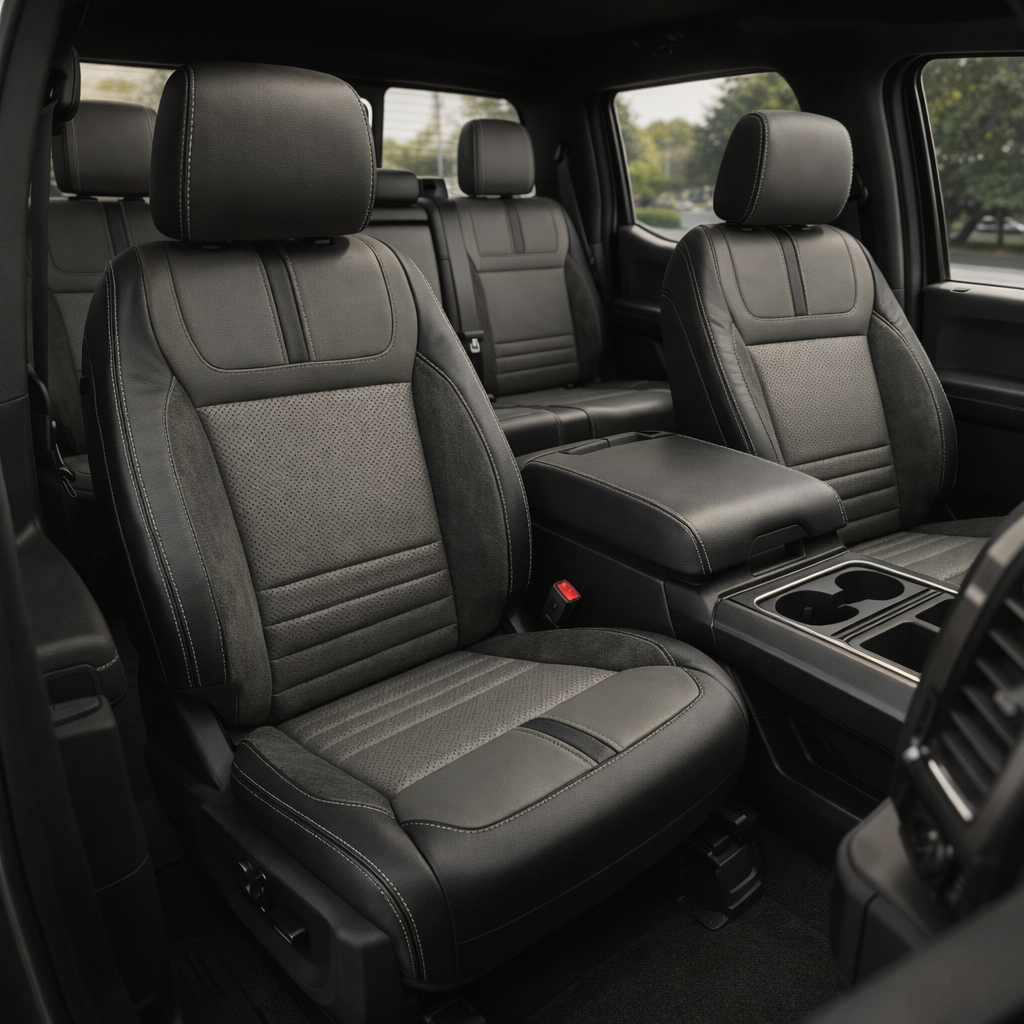 Front in-cabin view of a 2021–2026 Ford F-150 XLT with Leatherteck seat covers installed, featuring black main bolsters, Light Grey perforated center inserts, Dark Slate perforated automotive suede accent panels, and Lunar Grey contrast stitching, shown from an angled driver-side perspective with the front bucket seats, center console/cupholders, and rear bench seat visible.