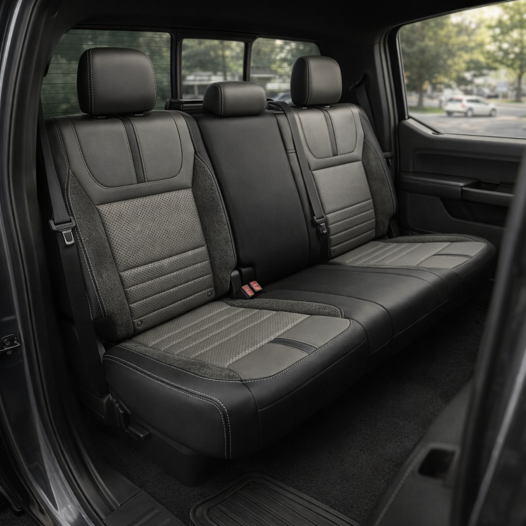 Rear in-cabin view of a 2021–2026 Ford F-150 XLT showing Leatherteck rear bench seat covers in black with Light Grey perforated center inserts, Dark Slate perforated automotive suede accent panels, and Lunar Grey contrast stitching, with three headrests, seatbelts/buckles, and the rear door panel and side window visible.