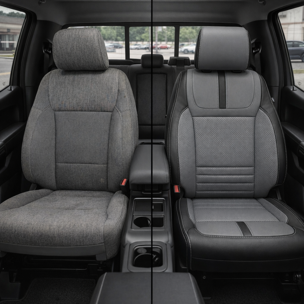 Before-and-after split front in-cabin view of a 2021–2026 Ford F-150 XLT: left side shows the factory gray cloth front seat, while right side shows the Leatherteck upgrade with black bolsters, Lunar Grey perforated center inserts, Lunar Grey perforated accent panels, and Lunar Grey contrast stitching; the center console with cupholders is visible between the seats.