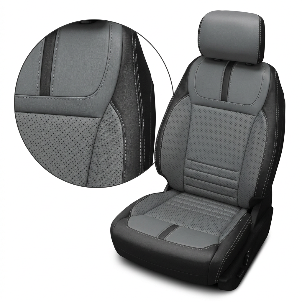 Close-up product image of a 2021–2026 Ford F-150 XLT Leatherteck seat cover on a white background, featuring black outer bolsters with Lunar Grey perforated center inserts and Lunar Grey perforated accent panels, finished with Lunar Grey contrast stitching; a circular zoom inset highlights the perforation pattern, panel transitions, and stitched seam detail along the side bolster.