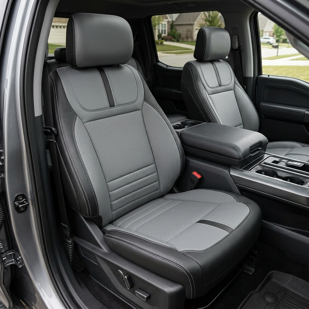 Front in-cabin view of a 2021–2026 Ford F-150 XLT showing Leatherteck seat covers with black bolsters, Lunar Grey perforated center inserts, Lunar Grey perforated accent panels, and Lunar Grey contrast stitching, photographed from the open driver-side door with the front seats and center console/cupholders visible.