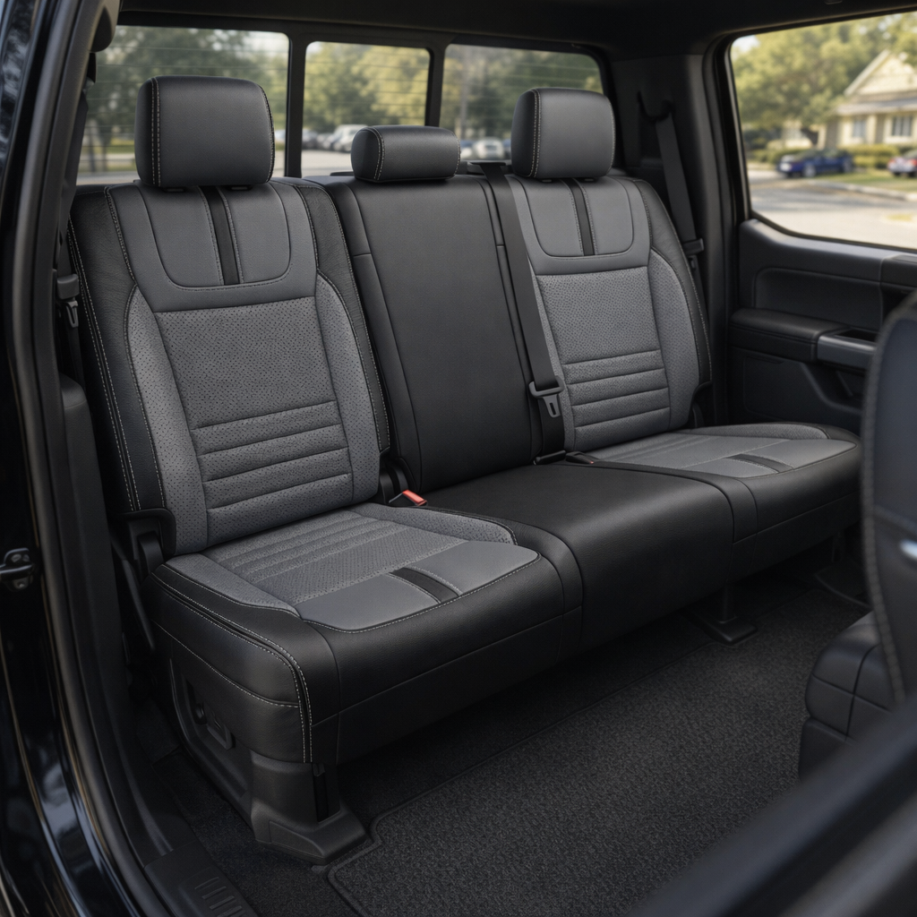 Rear in-cabin view of a 2021–2026 Ford F-150 XLT showing Leatherteck rear bench seat covers with black outer bolsters, Lunar Grey perforated center inserts, Lunar Grey perforated accent panels, and Lunar Grey contrast stitching, with three headrests, seatbelts/buckles, and the rear door panel and rear window visible.