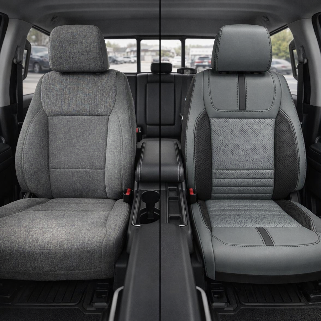 Before-and-after split front in-cabin view of a 2021–2026 Ford F-150 XLT: left shows the factory gray cloth driver seat, while right shows the upgraded Leatherteck seat cover in black with Lunar Grey front-facing perforated insert panels, black perforated accent side panels, and black contrast stitching, with the center console and cupholders visible between the seats.